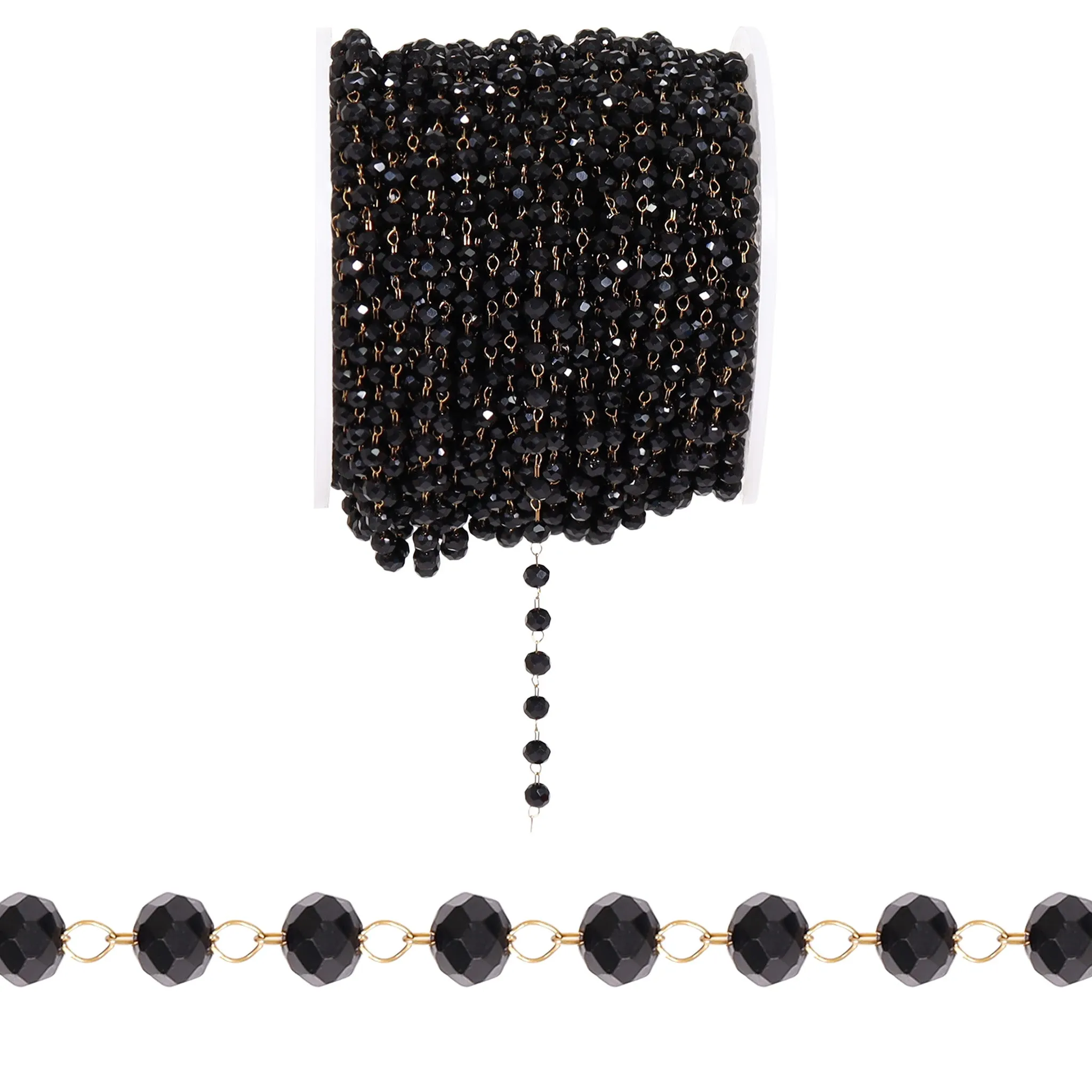 18K Gold PVD Stainless Steel Black Beaded Chain - By The Foot / SPL1025