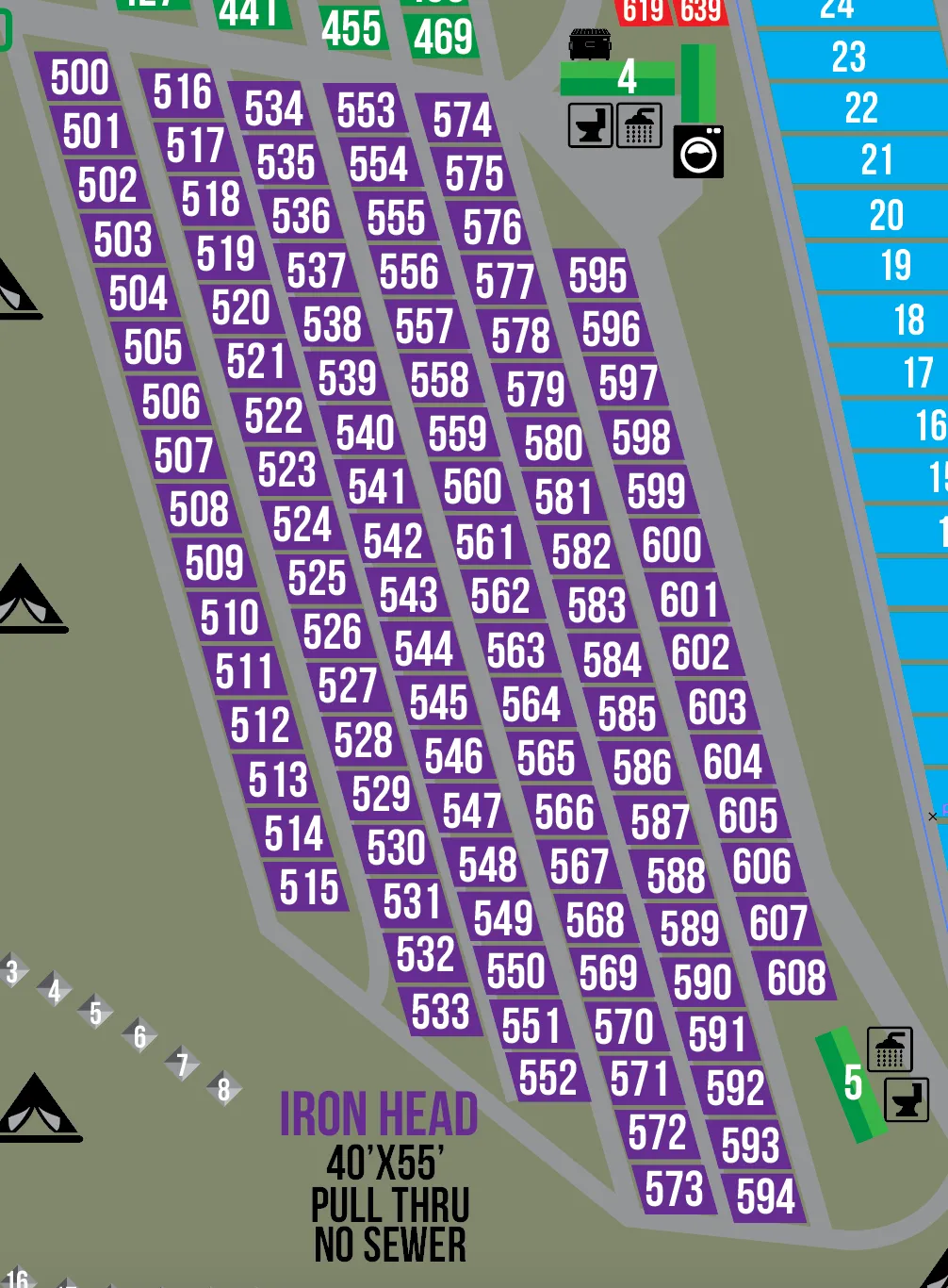 2025 Iron Head RV Park - (40' X 55') PULL THROUGH SITES (Sites 500 to 598)