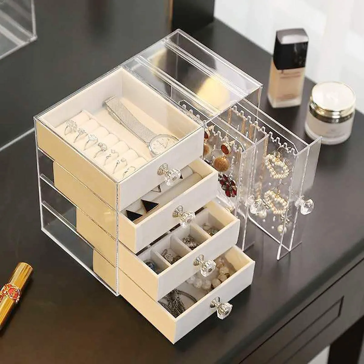 Acrylic Earring Holder and Jewelry Organizer 2 Slots 4 Drawers