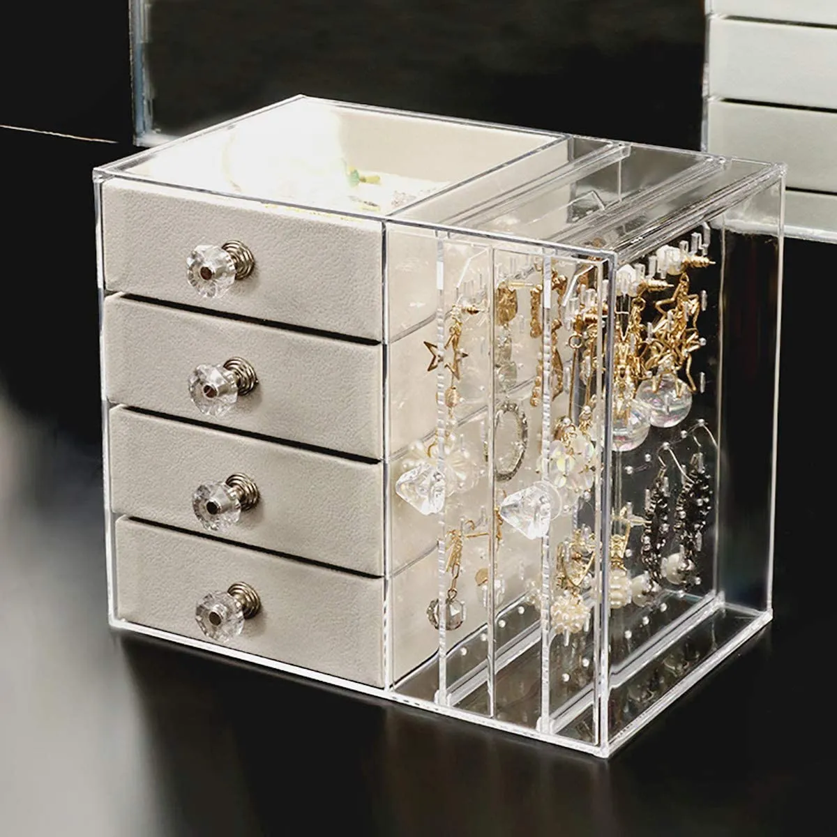 Acrylic Earring Holder and Jewelry Organizer 2 Slots 4 Drawers