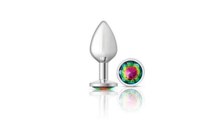 Cheeky Charms Silver Round Butt Plug w Rainbow Jewel Medium