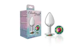 Cheeky Charms Silver Round Butt Plug w Rainbow Jewel Medium