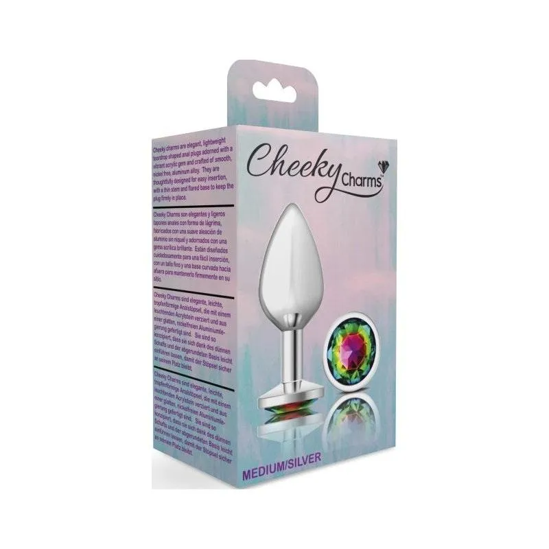 Cheeky Charms Silver Round Butt Plug w Rainbow Jewel Medium