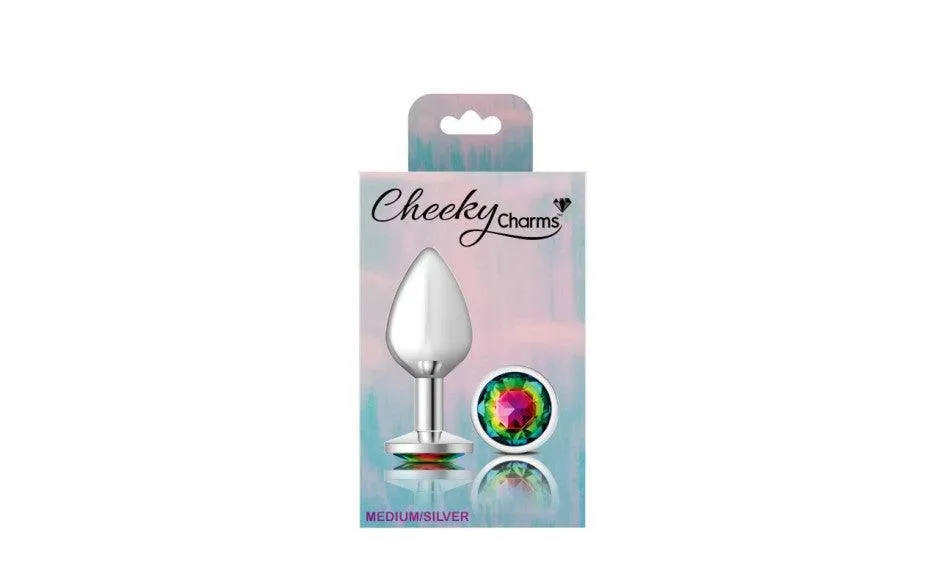 Cheeky Charms Silver Round Butt Plug w Rainbow Jewel Medium