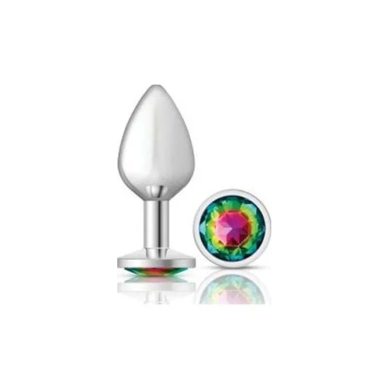 Cheeky Charms Silver Round Butt Plug w Rainbow Jewel Medium