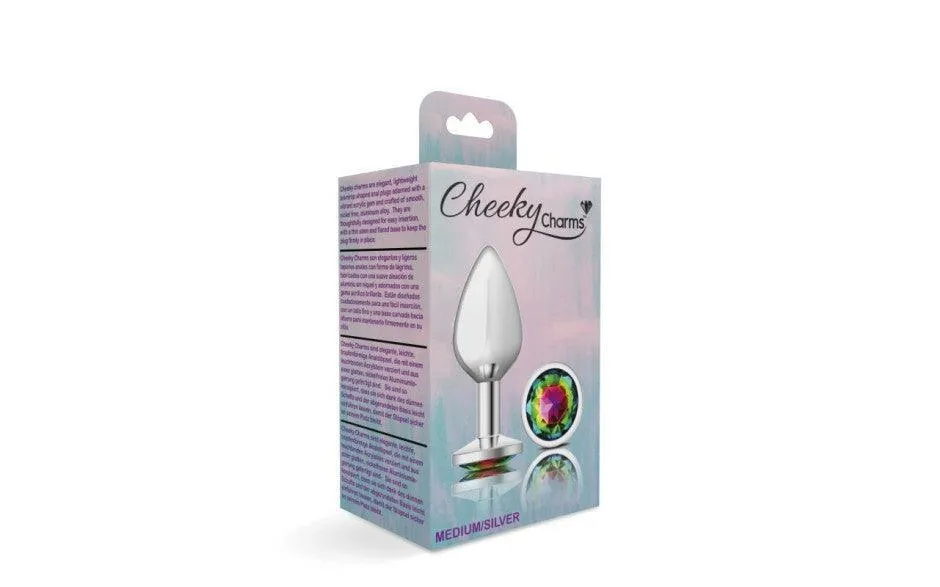 Cheeky Charms Silver Round Butt Plug w Rainbow Jewel Medium