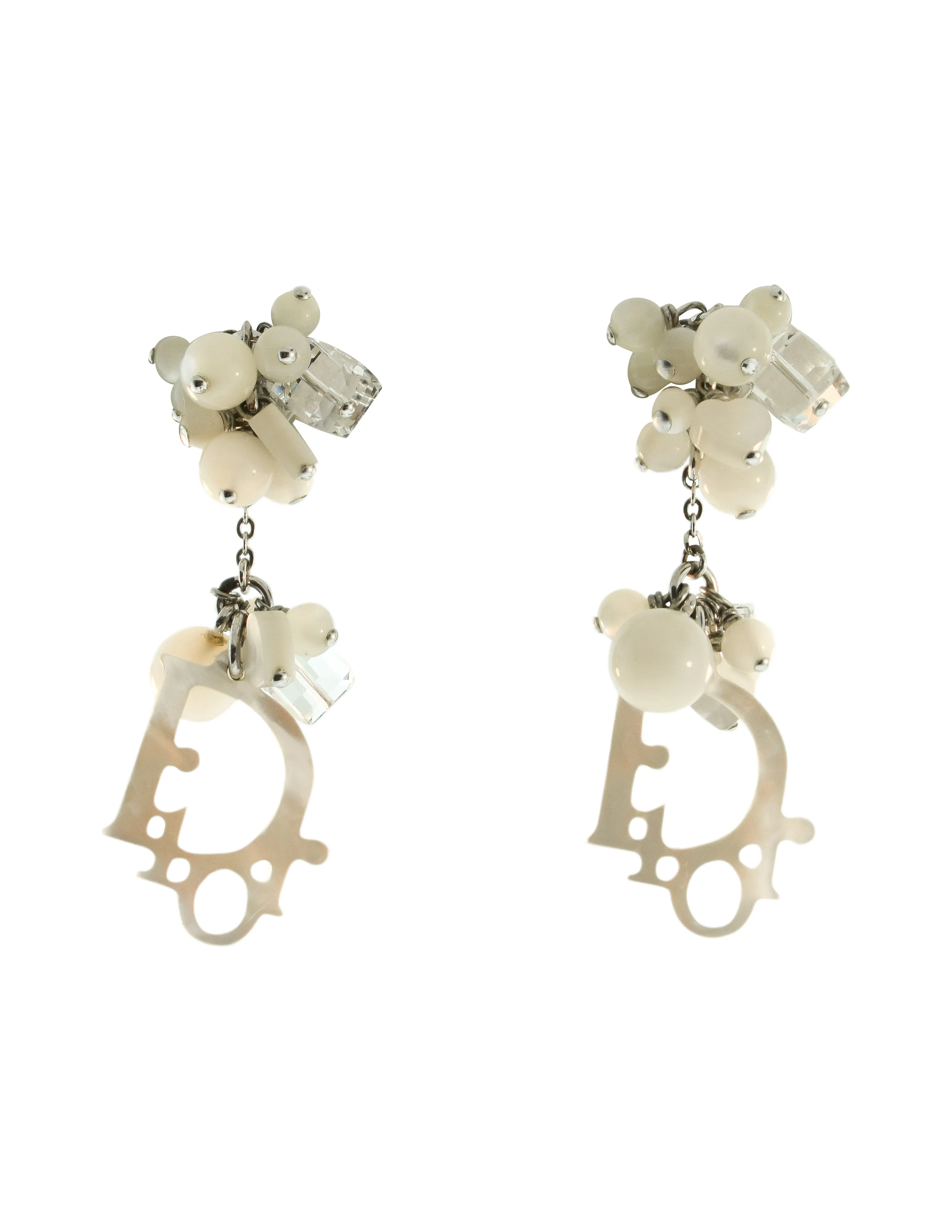 Christian Dior by John Galliano Vintage Cluster Dangling Mother of Pearl Logo Earrings