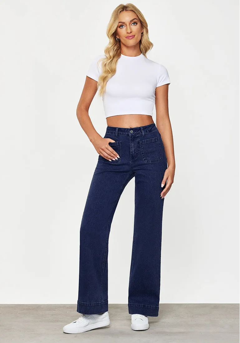 Darkness Blue Women's Bell Bottom Full Length High Waisted Denim Regular Fit Slight Stretch Jeans