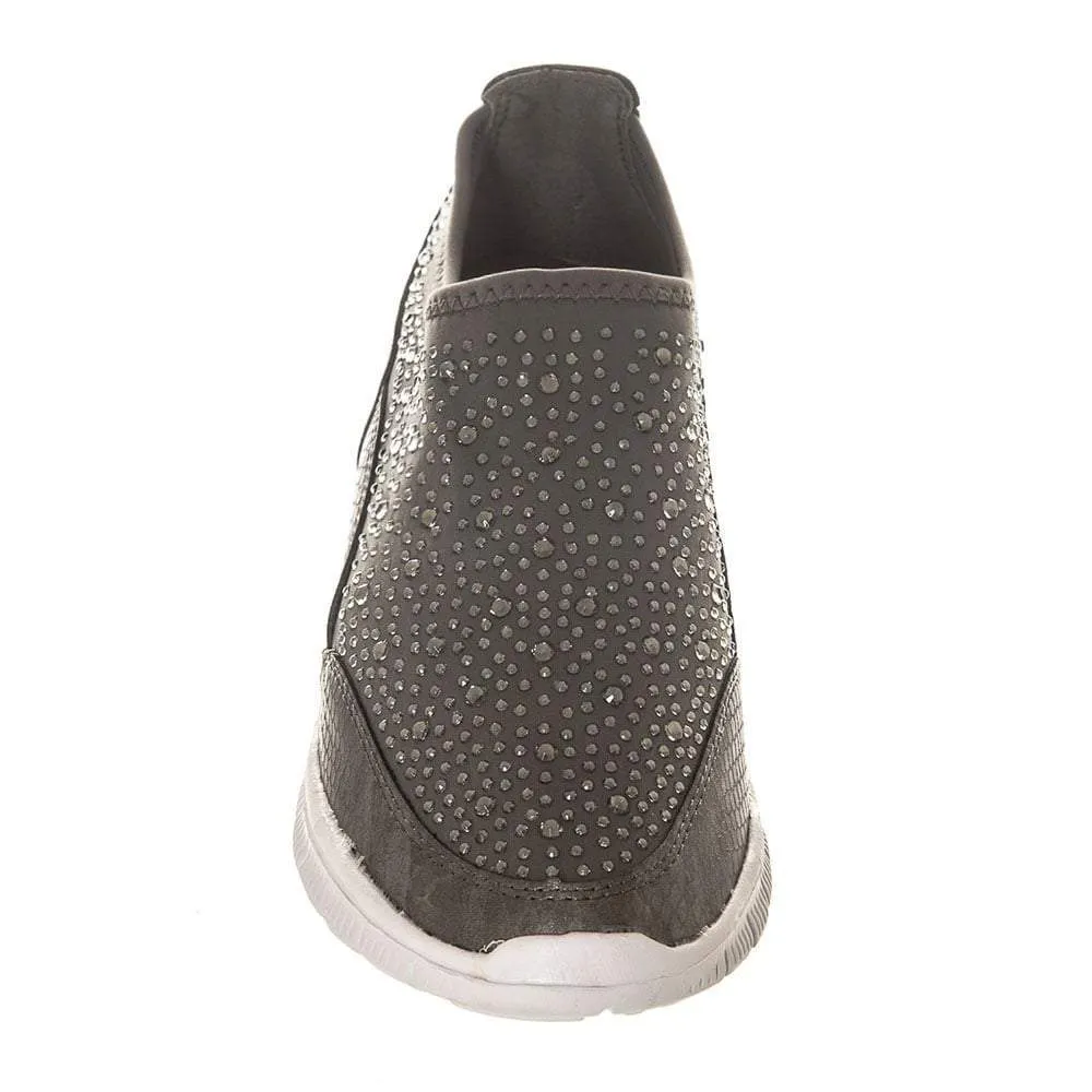 Flat Rubber Sole Stretch Fabric Diamante Skater Shoe With Grip Sole