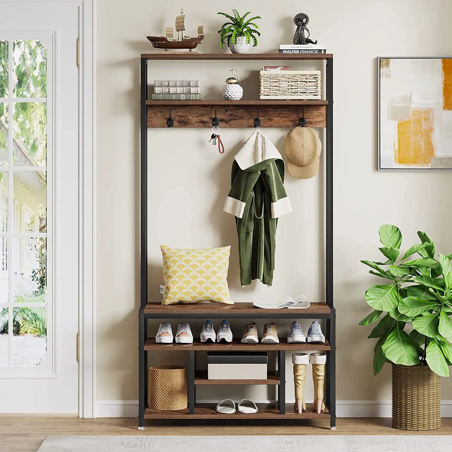 Industrial Coat Rack Shoe Bench, Entryway Hall Tree with Hooks & Shelves