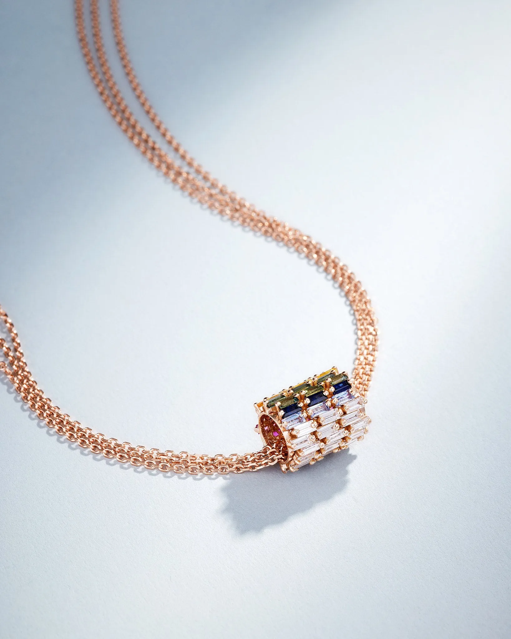 Infinite Triple Row Rainbow Sapphire & Diamond Rondelle Pendant