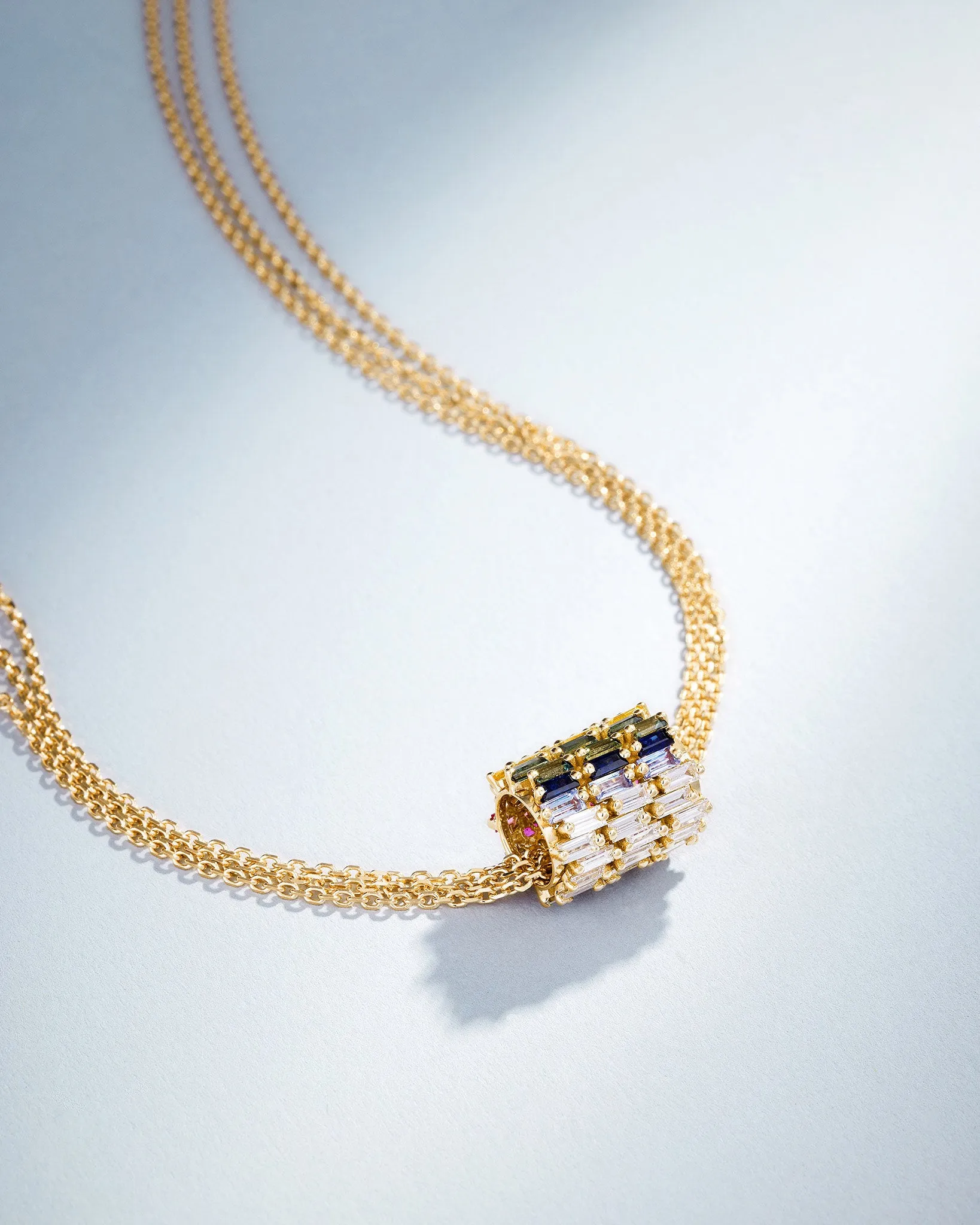 Infinite Triple Row Rainbow Sapphire & Diamond Rondelle Pendant