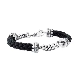 King Baby Double Silver Chain and Leather Lanyard Bracelet in Sterling Silver and Black Leather