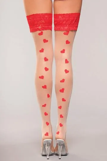 Lace Top Heart Hold Ups One Size