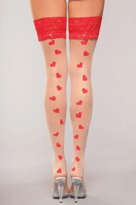 Lace Top Heart Hold Ups One Size