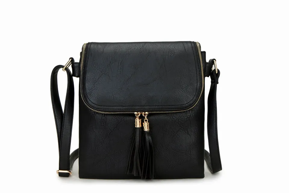 LARGE BLACK TASSEL MULTI COMPARTMENT CROSS BODY SHOULDER BAG WITH LONG STRAP