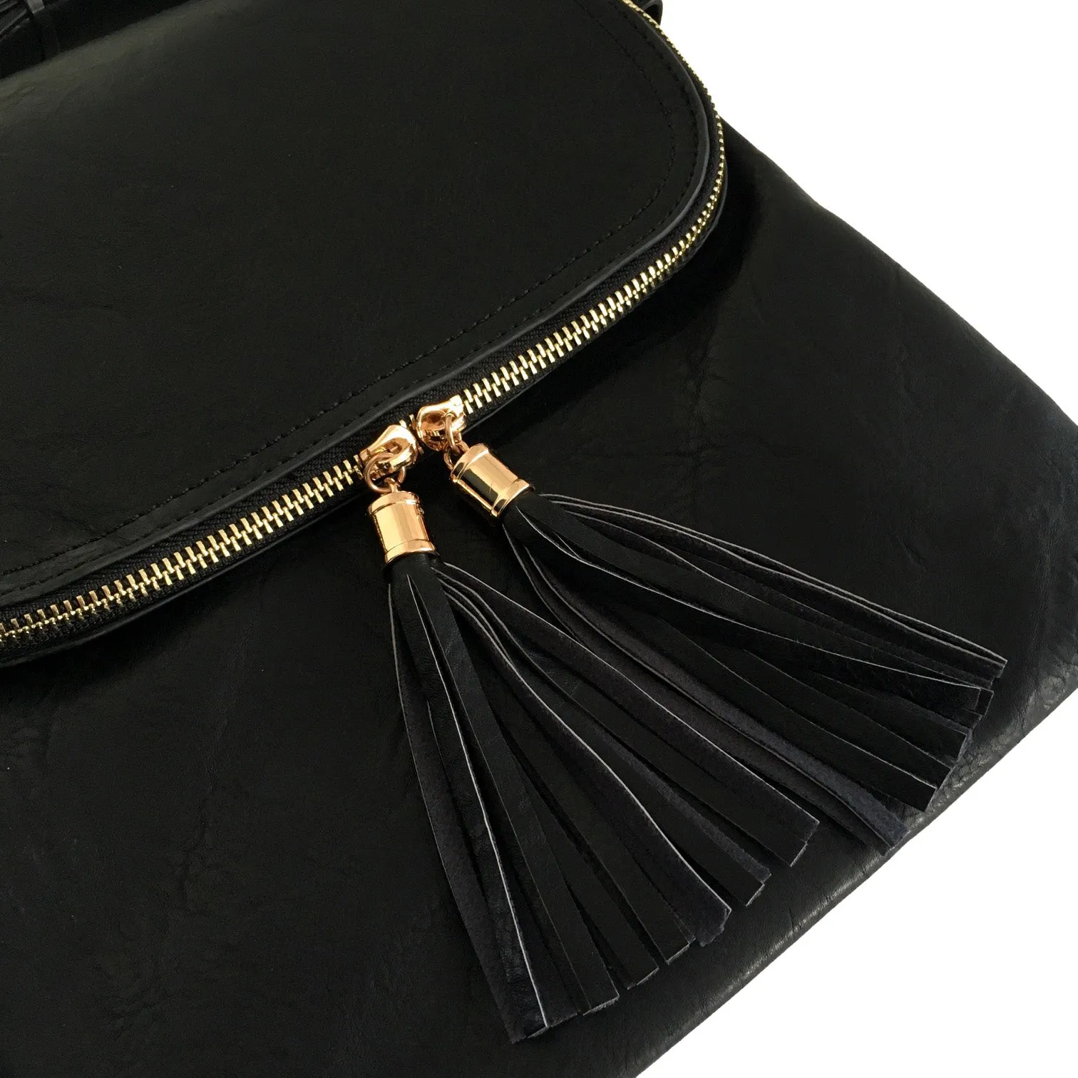 LARGE BLACK TASSEL MULTI COMPARTMENT CROSS BODY SHOULDER BAG WITH LONG STRAP