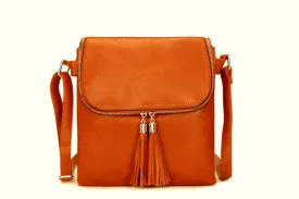 LARGE ORANGE TASSEL MULTI COMPARTMENT CROSS BODY SHOULDER BAG WITH LONG STRAP