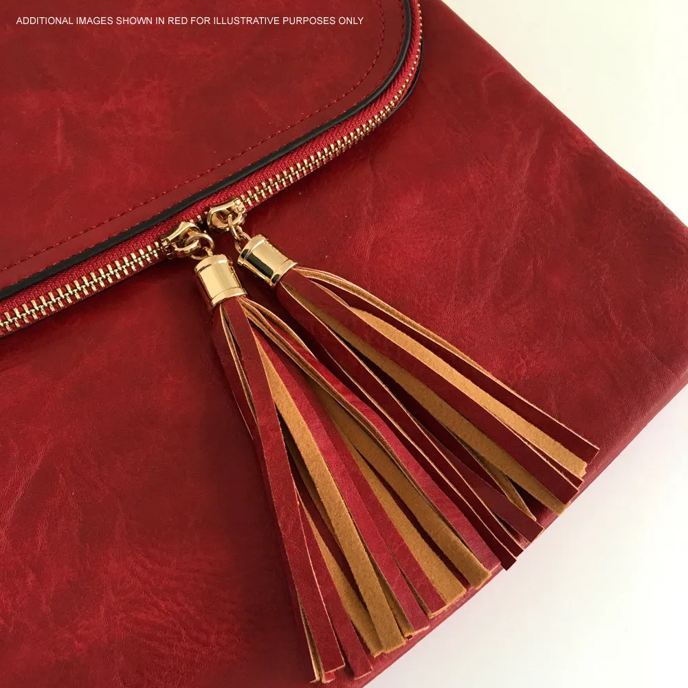 LARGE ORANGE TASSEL MULTI COMPARTMENT CROSS BODY SHOULDER BAG WITH LONG STRAP