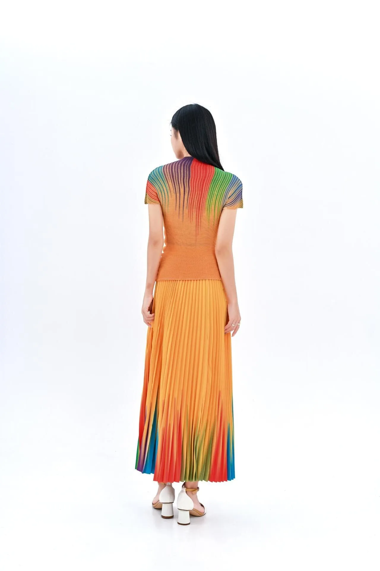 Miyake Pleated Gradient T-Shirt & Long Skirt Set