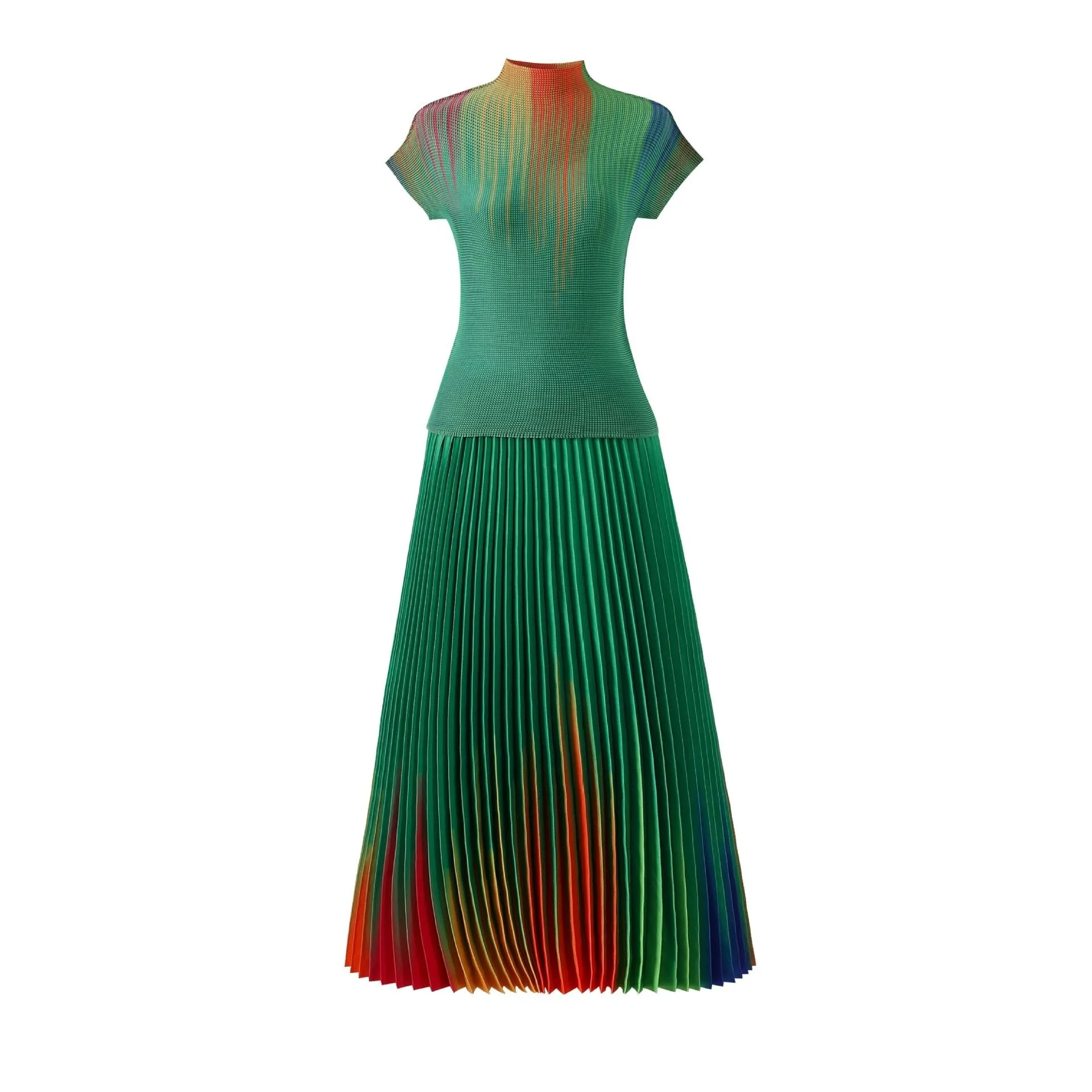 Miyake Pleated Gradient T-Shirt & Long Skirt Set