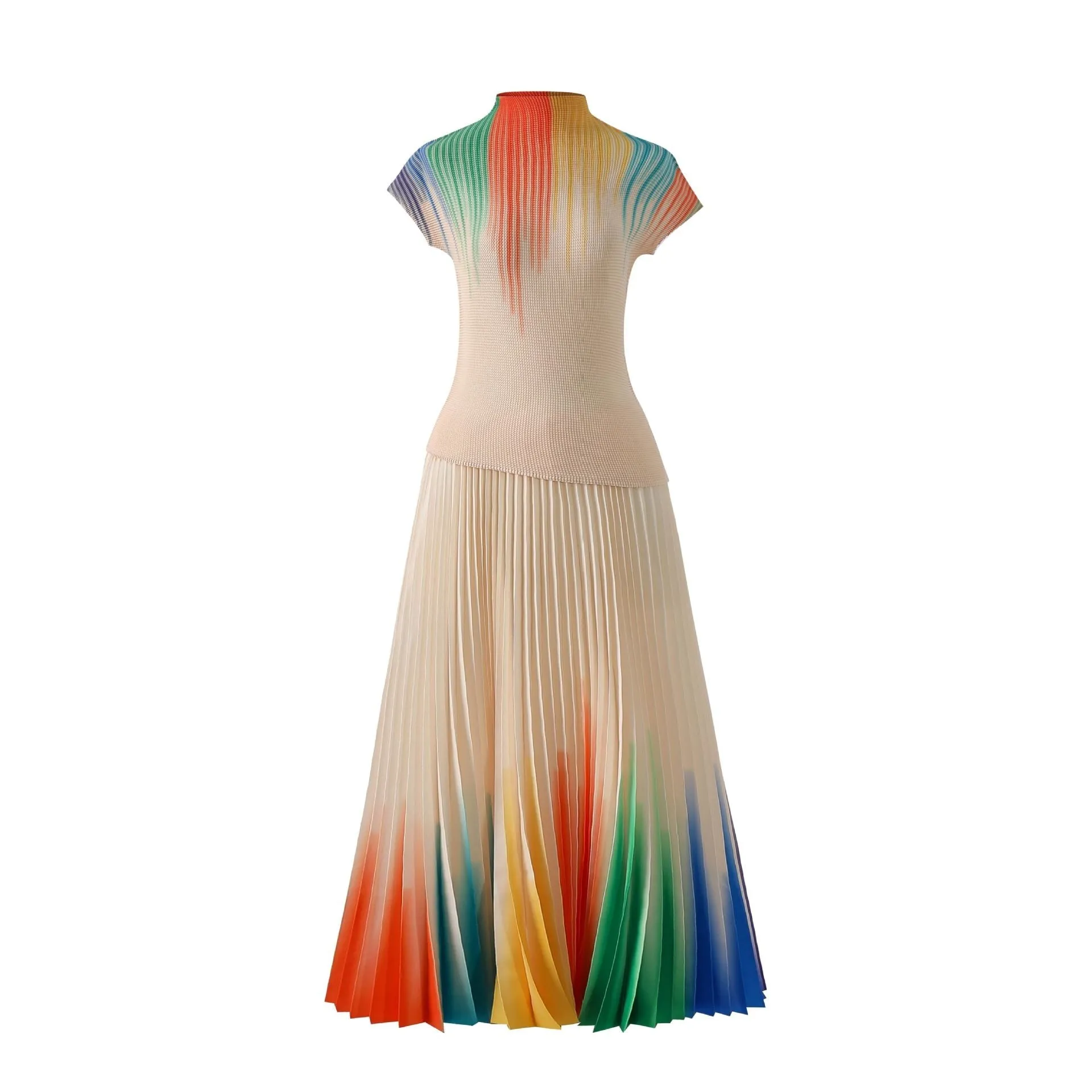 Miyake Pleated Gradient T-Shirt & Long Skirt Set