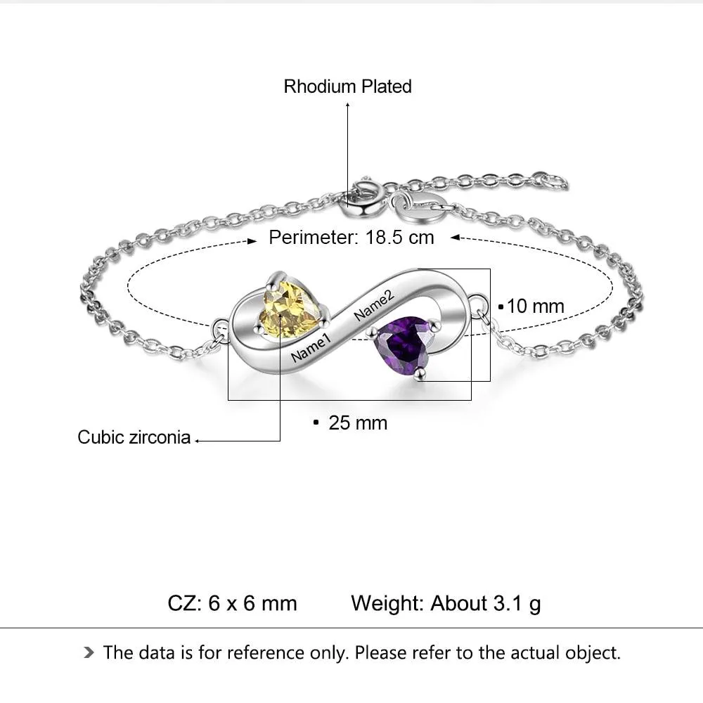 Personalized Infinity Bracelet with 2 Custom Names Engraved & Heart Birthstones, Gift for Best Friend