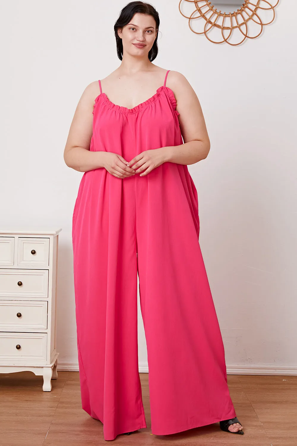 Ruffle Trim Tie Back Cami Jumpsuit with Pockets