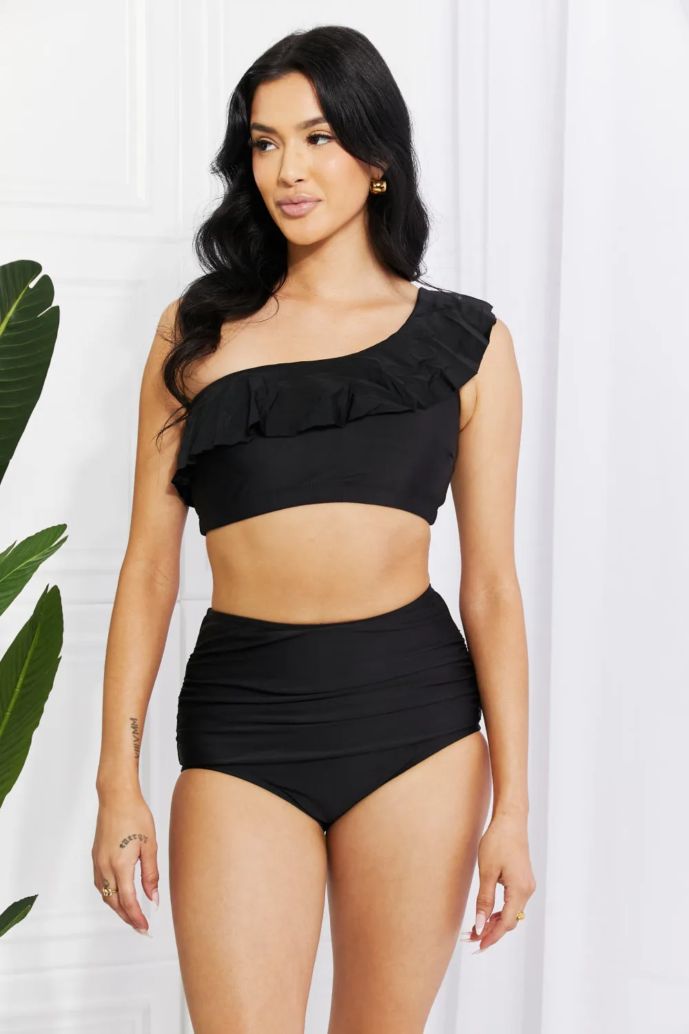 Seaside Romance Ruffle One-Shoulder Bikini in Black