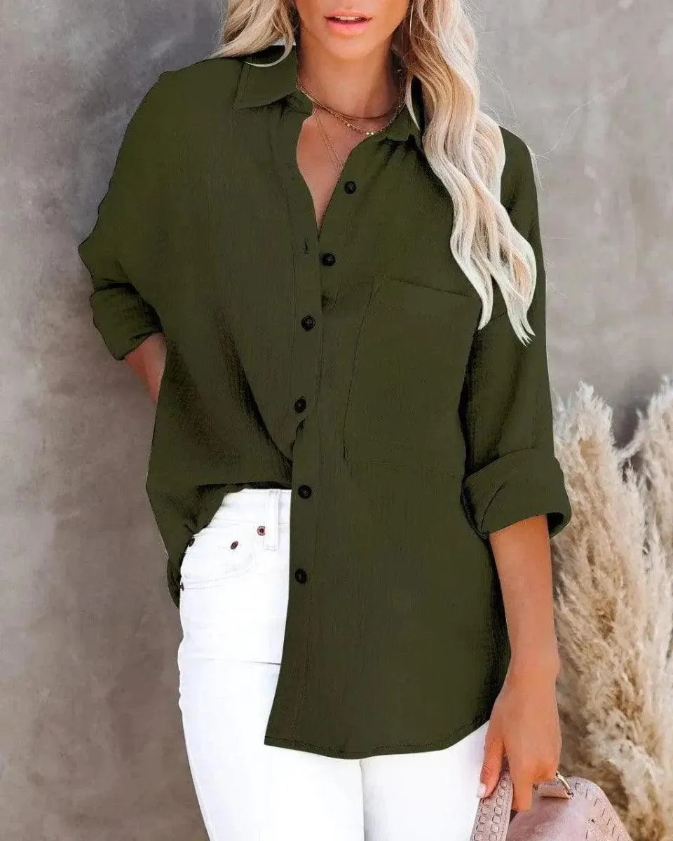 Simple Long Sleeve V Neck Button Ladies Cotton Linen Shirt