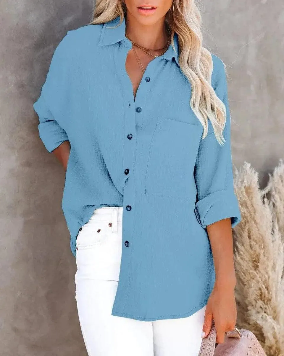 Simple Long Sleeve V Neck Button Ladies Cotton Linen Shirt