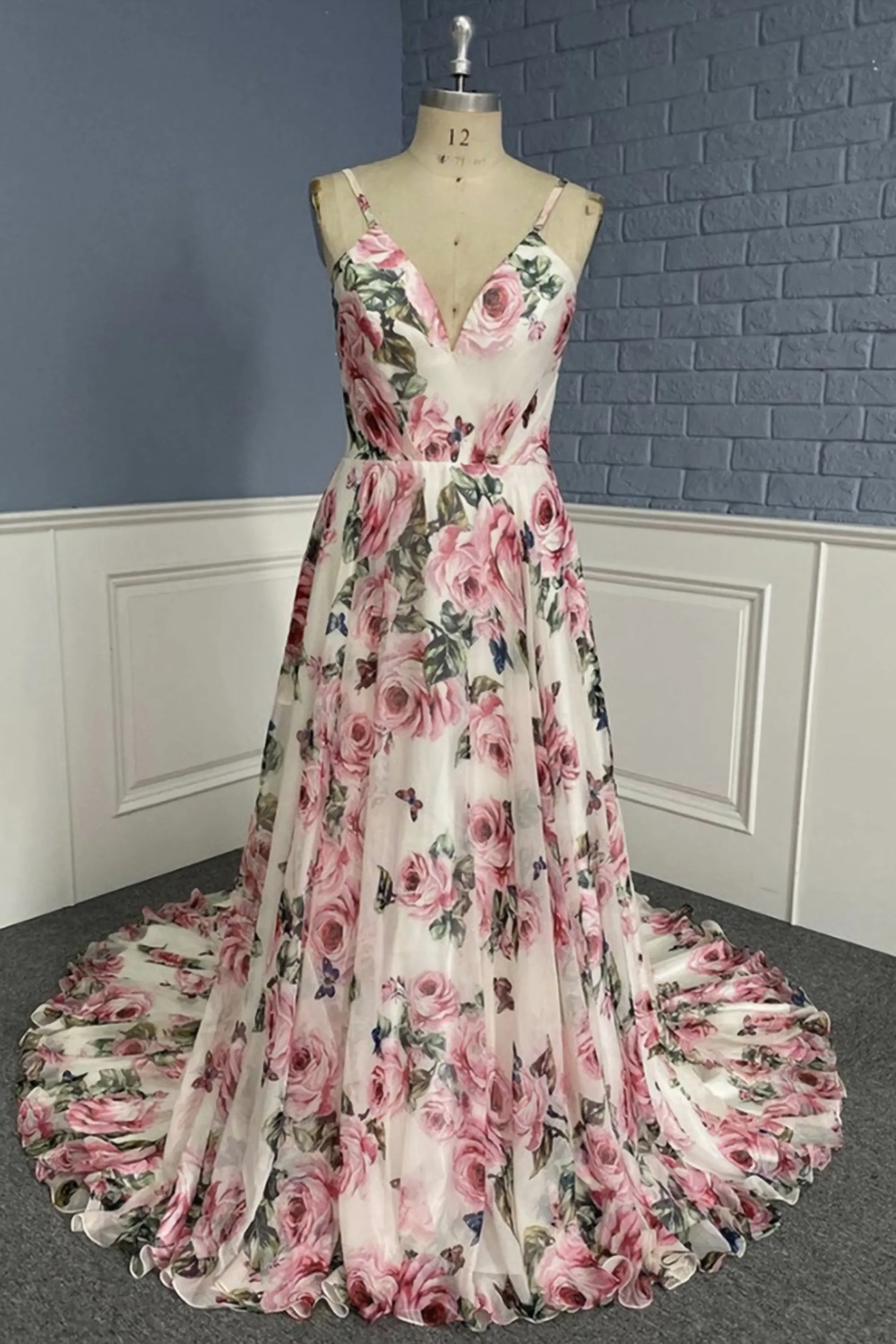 Stylish V Neck Backless Floral Pattern Long Prom Dress V Neck Floral Pattern Formal Evening Dress