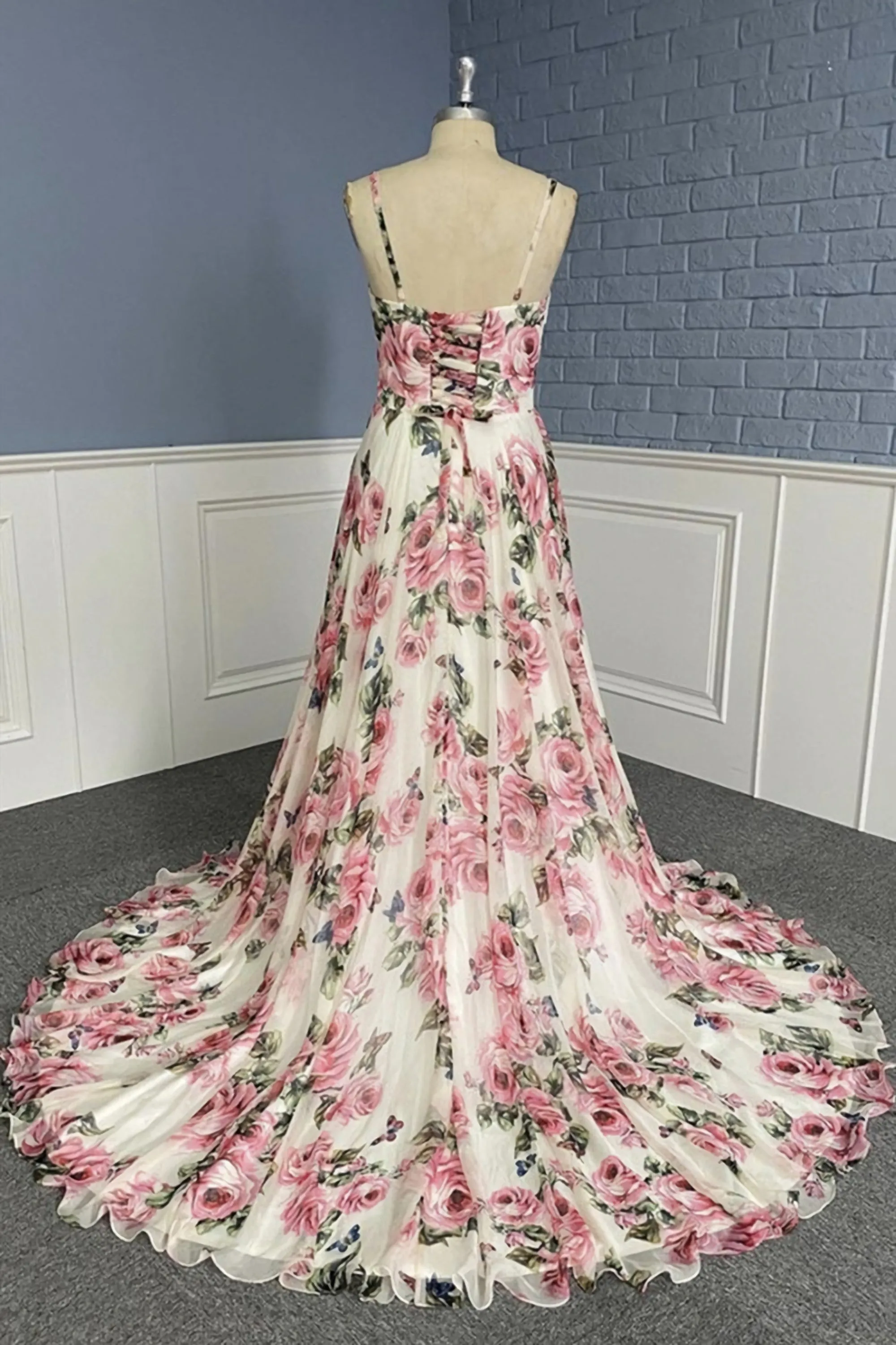 Stylish V Neck Backless Floral Pattern Long Prom Dress V Neck Floral Pattern Formal Evening Dress