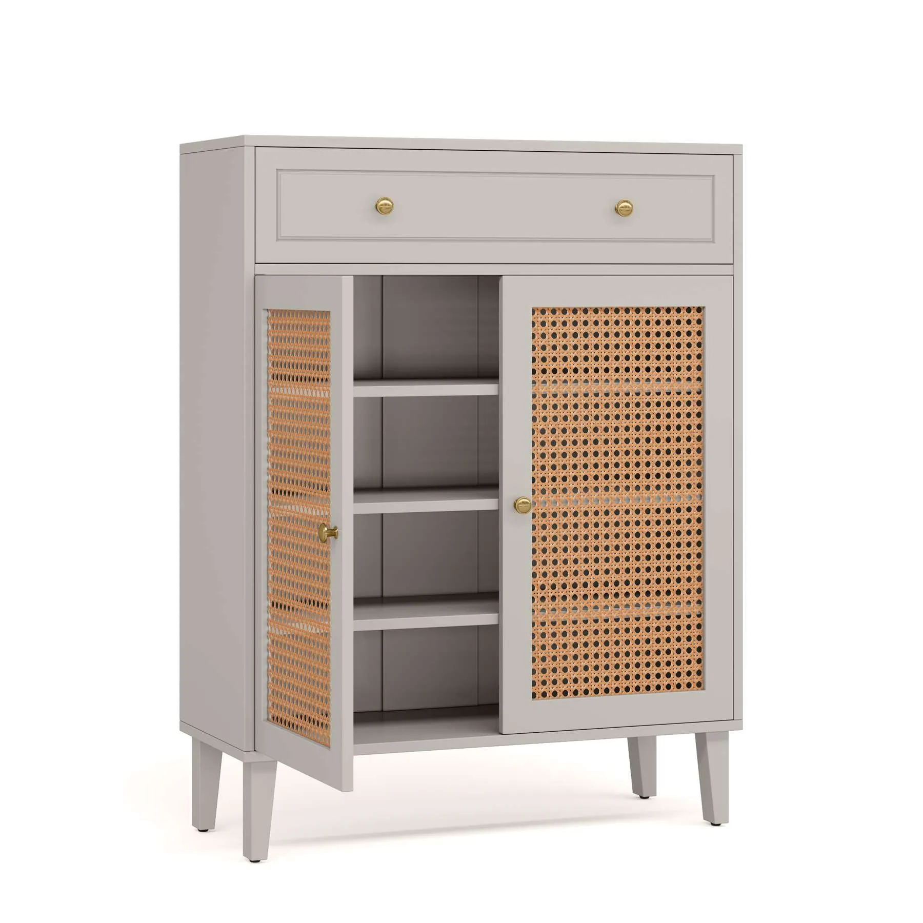 Wooden Shoe Cabinet, Rattan Shoe Organizer with Doors and Drawer