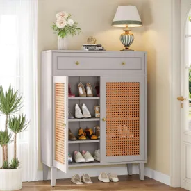 Wooden Shoe Cabinet, Rattan Shoe Organizer with Doors and Drawer