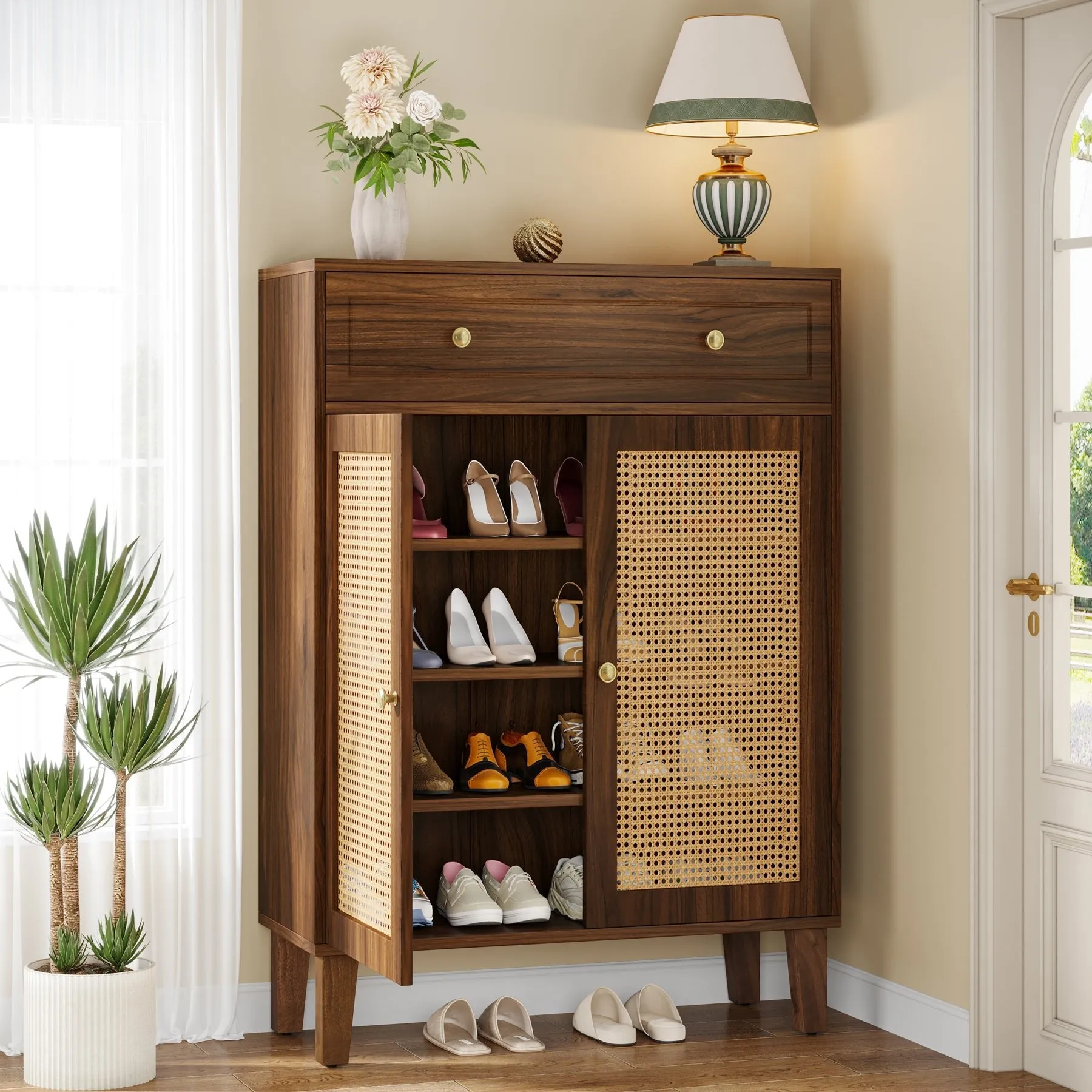 Wooden Shoe Cabinet, Rattan Shoe Organizer with Doors and Drawer