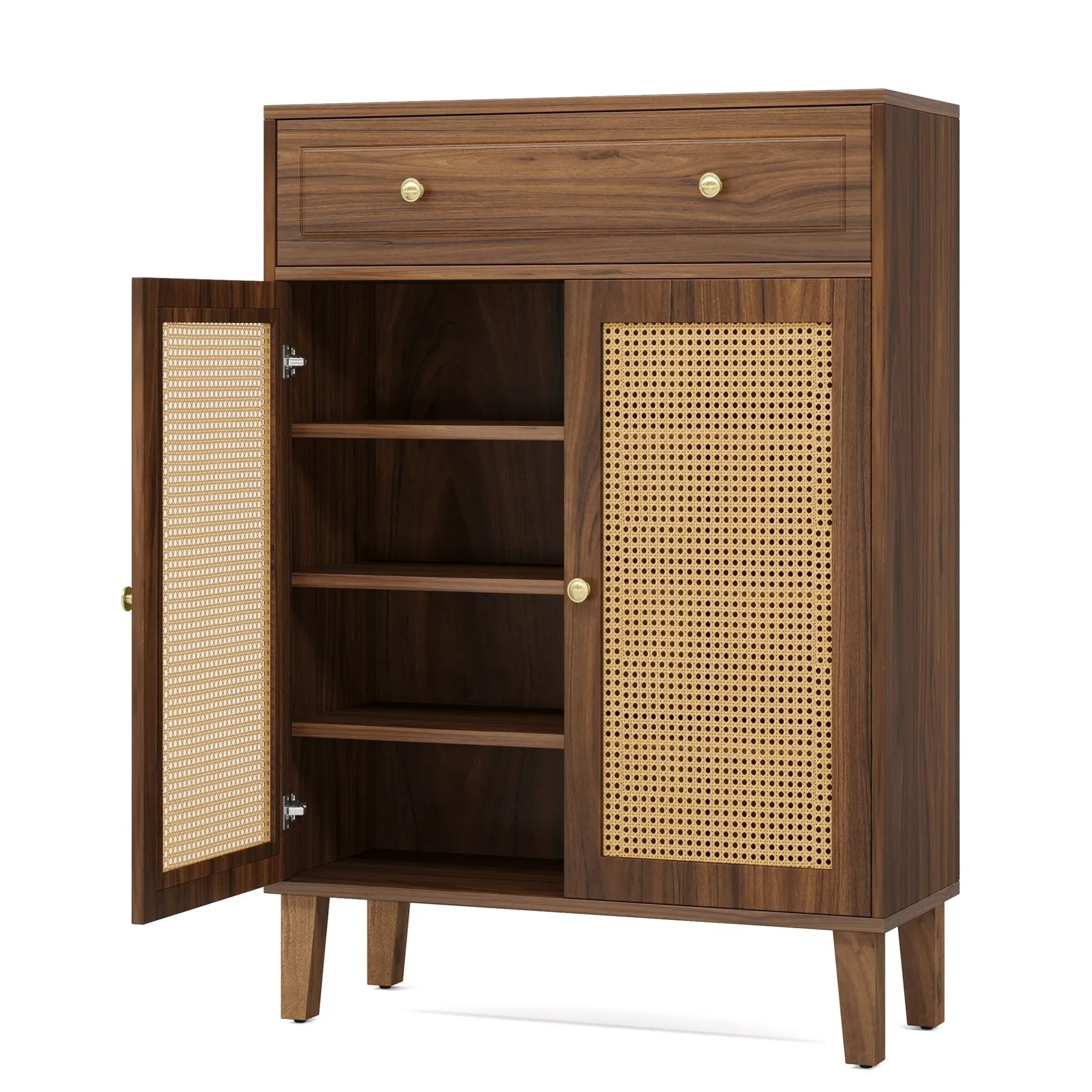 Wooden Shoe Cabinet, Rattan Shoe Organizer with Doors and Drawer