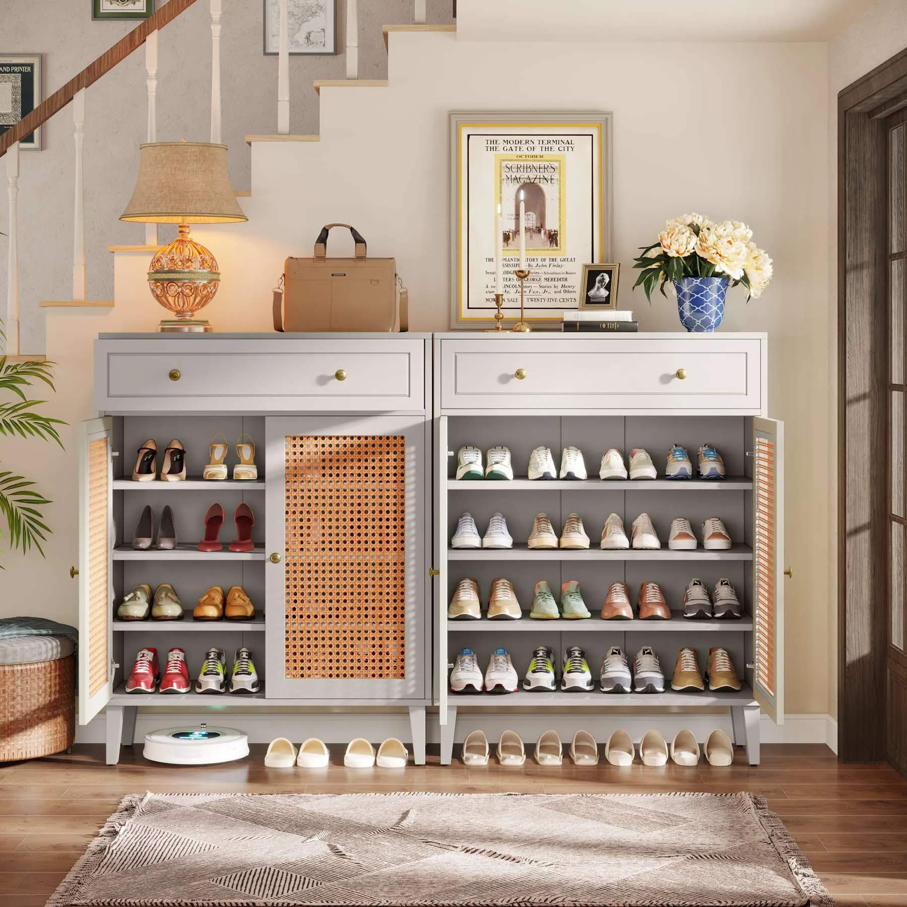 Wooden Shoe Cabinet, Rattan Shoe Organizer with Doors and Drawer